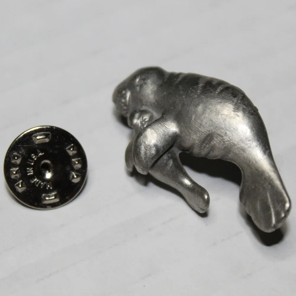 JJ Pin Manatee Mother Baby Pewter Silver Tone Vintage Marine Animal Lapel USA